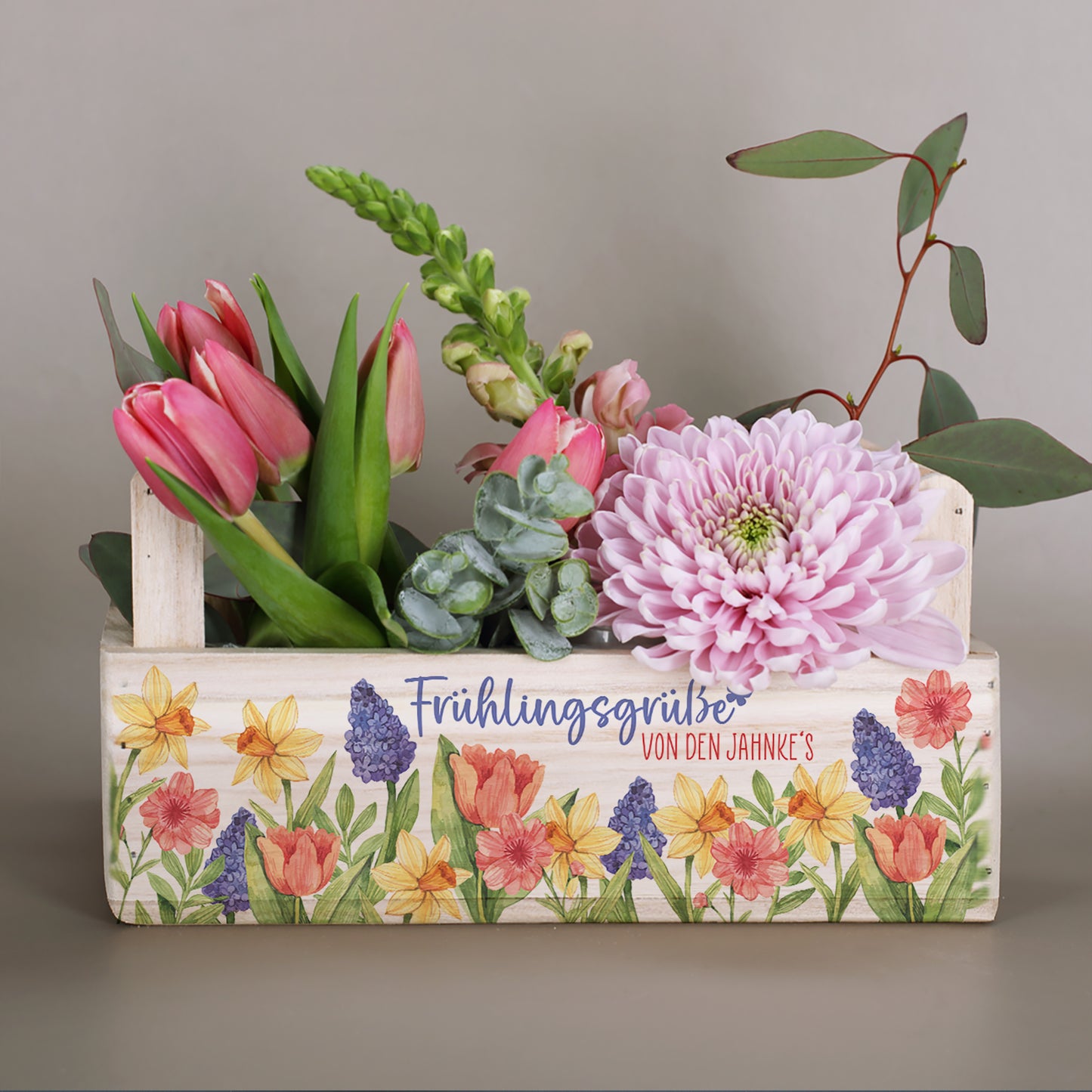 Pflanzkorb mit zwei Griffen Frühlingsgrüße personalisiert mit Wunschtext