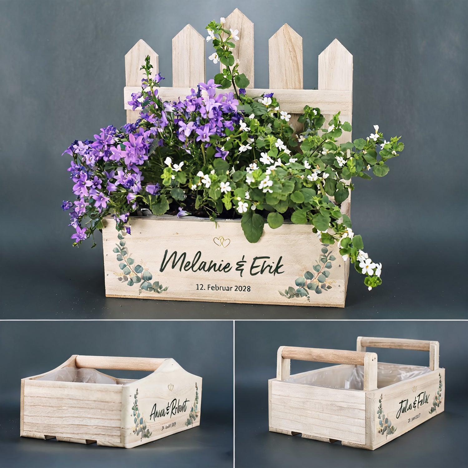 Personalisierter Pflanzkorb zur Hochzeit mit Eukalyptus-Motiv, Namen und Datum in drei Ansichten