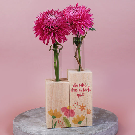 Vase mit Blumenmotiv und Ihrem Wunschtext - Reagenzgläser in Holzsockel