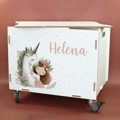 Personalisierte Rollbox aus Holz von clipfritz mit Einhorn & Prinzessin | Spielzeugkiste für Mädchen