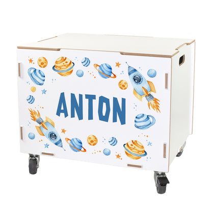 Personalisierte Rollbox aus Holz von clipfritz - Spielzeugkiste mit Weltraum Motiv & Name für Jungen