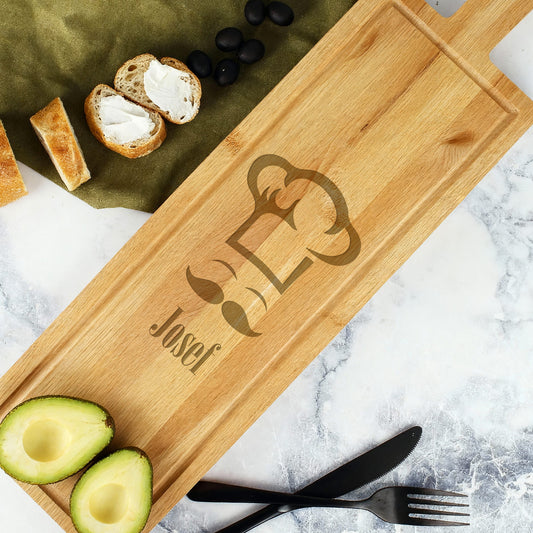 Personalisiertes XXXL Servierbrett aus gedämpftem Buchenholz - graviert mit Name und Chefkoch-Motiv