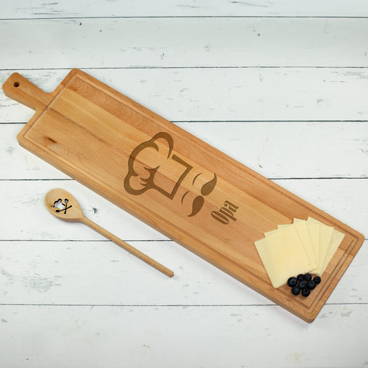 Personalisiertes XXXL Servierbrett aus gedämpftem Buchenholz - graviert mit Name und Chefkoch-Motiv