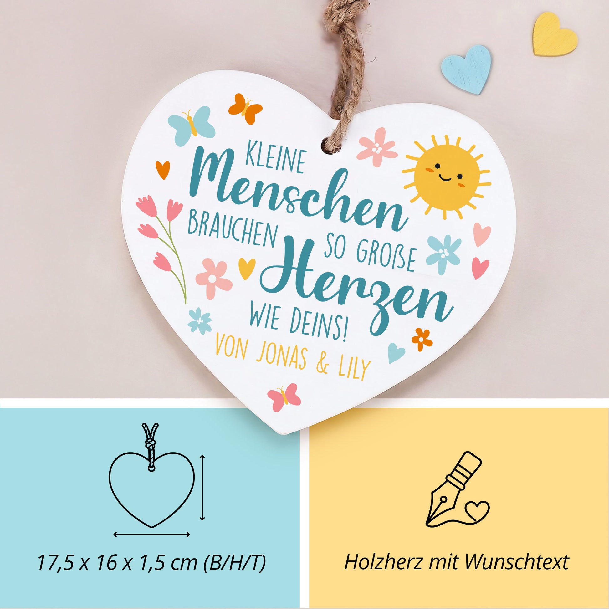 Personalisiertes weißes Holzherz mit Spruch und Wunschtext – Kleine Menschen brauchen so große Herzen wie deins!
