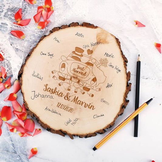 Gravierte Holzscheibe zur Hochzeit als Gästebuch