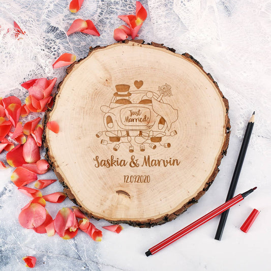 Dekorative Echtholzscheibe mit Hochzeitsmotiv