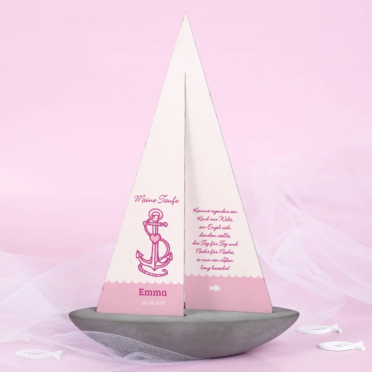 Schiffchen zur Taufe mit bedrucken Holzsegel