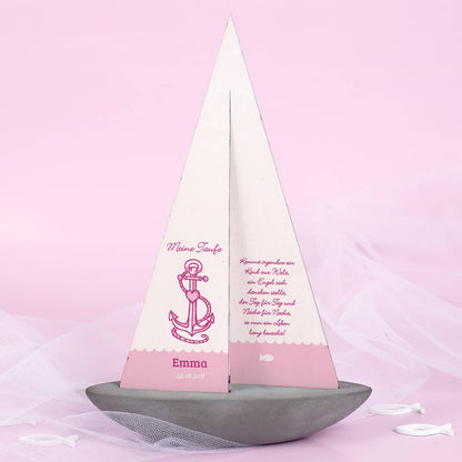 Schiffchen zur Taufe mit bedrucken Holzsegel