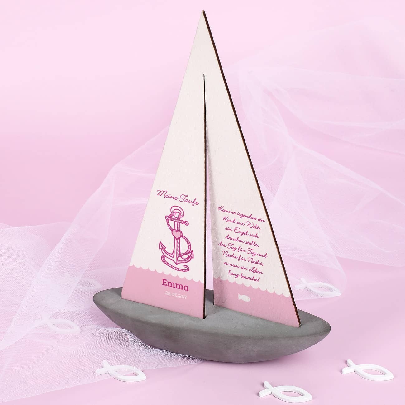 Rosa Segelschiff als Taufgeschenk für Mädchen