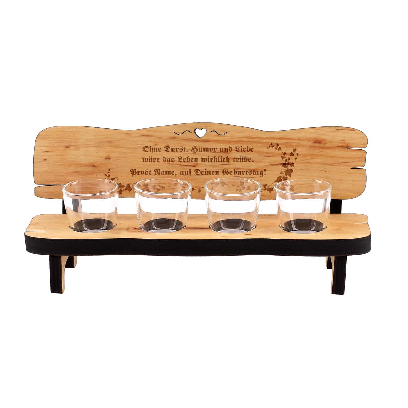 mit einem Spruch gravierte Schnapsbank