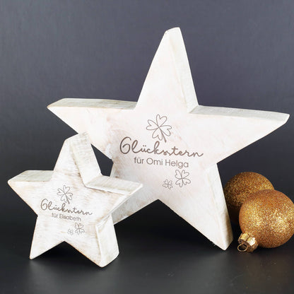 Holzstern mit Gravur "Glücksstern" und Text nach Wunsch