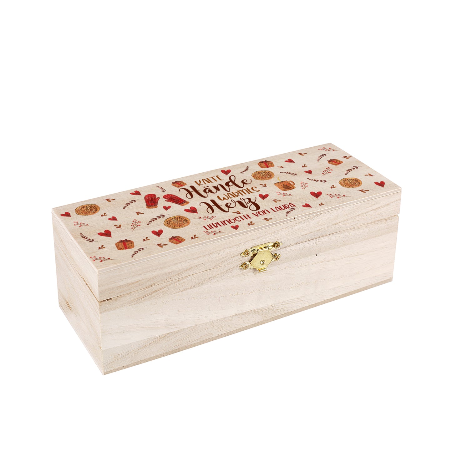 Detailansicht der gravierten Holz-Teebox mit winterlichem Motiv aus Herzen, Keksen und Zweigen, personalisiert mit Name Laura unter dem Spruch.