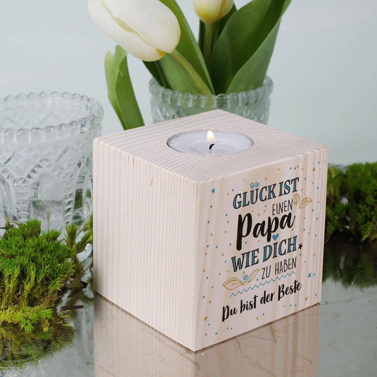 Holzteelicht für Papas mit Wunschtext