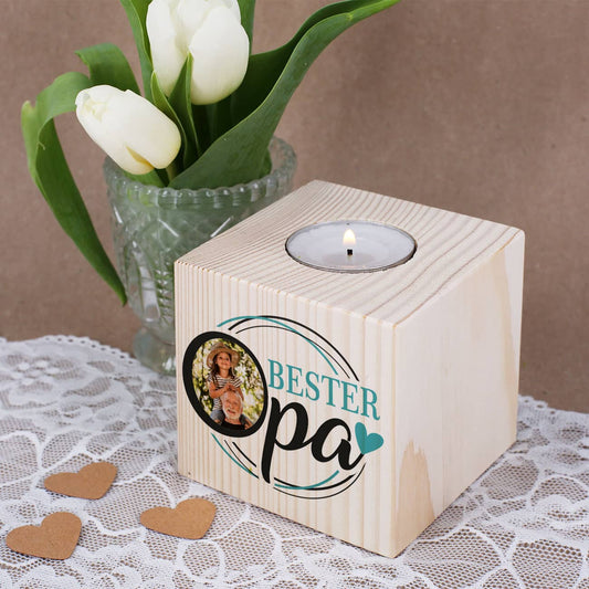 Holz-Teelichthalter für den Besten Opa mit Foto bedruckt