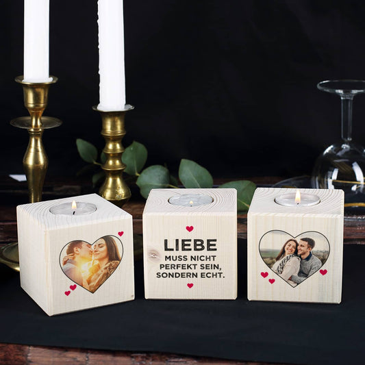 Foto-Teelichter im 3er Set für Verliebte - Liebe muss echt sein