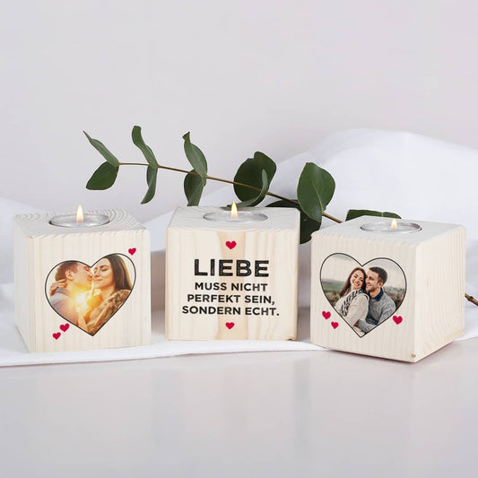 bedruckte Teelichthalter mit 2 Fotos und Liebe muss nicht  perfekt sondern echt sein Motiv