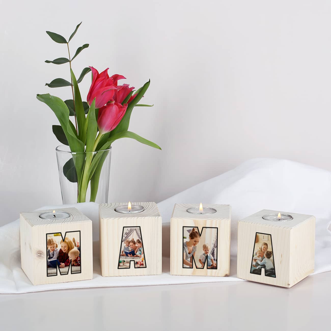 Vier Teelichthalter im Set für die beste Mama