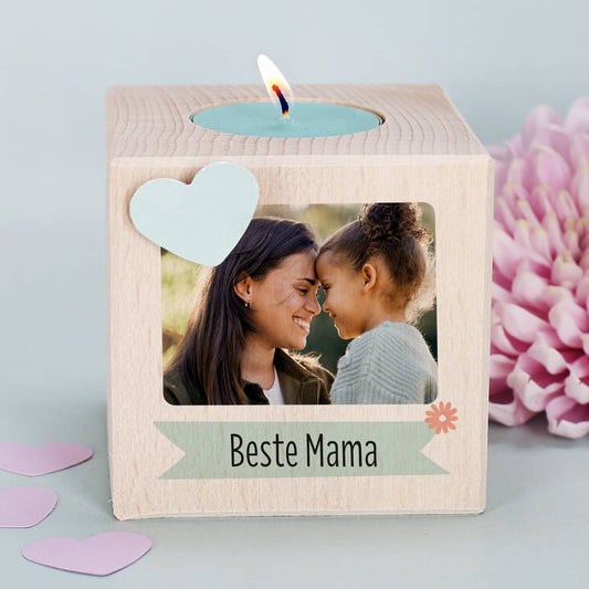 hochwertiges Holzteelicht für die Beste Mama - mit Fotodruck
