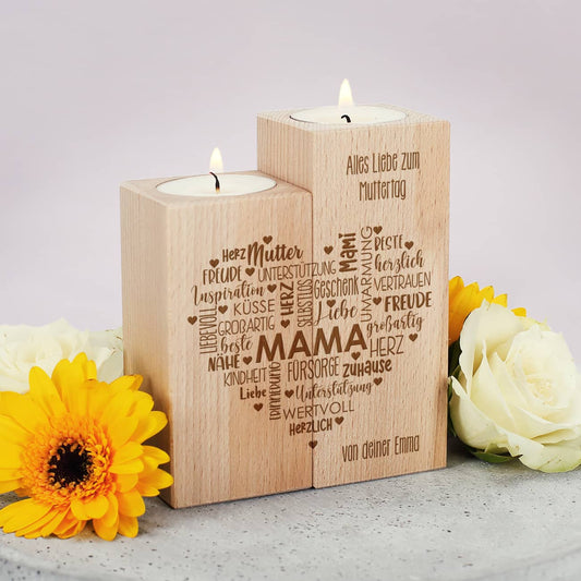 Muttertagsgeschenk - Teelichthalter aus Holz mit graviertem Herz & Wunschtext
