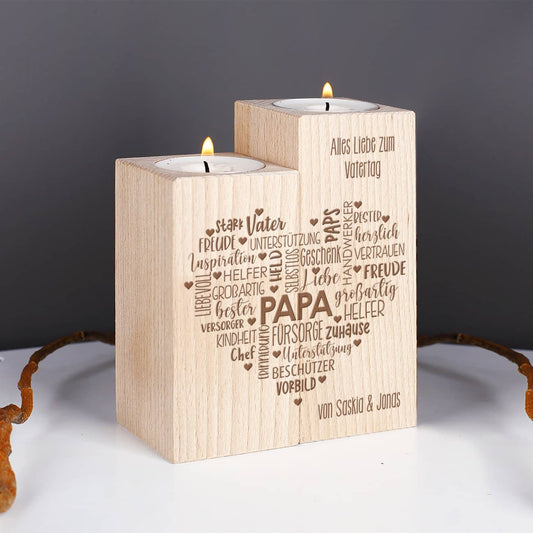 Vatertagsgeschenk - Teelichthalter aus Holz mit graviertem Herz & Wunschtext