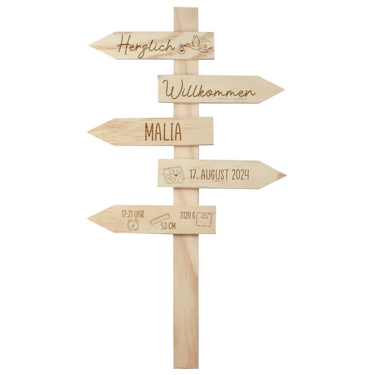 Gravierter Wegweiser als Geschenk zur Geburt