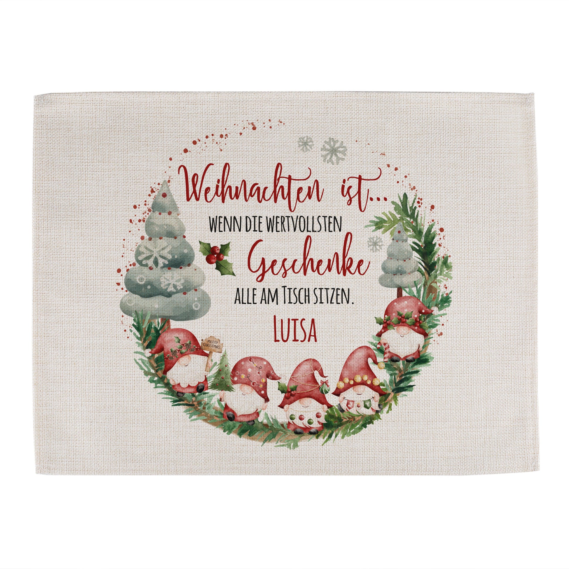 Platzdeckchen mit Wichtelmotiv und Weihnachtsbaum, festlicher Spruch in der Mitte, personalisiert mit Namen Luisa, auf hellem Hintergrund.