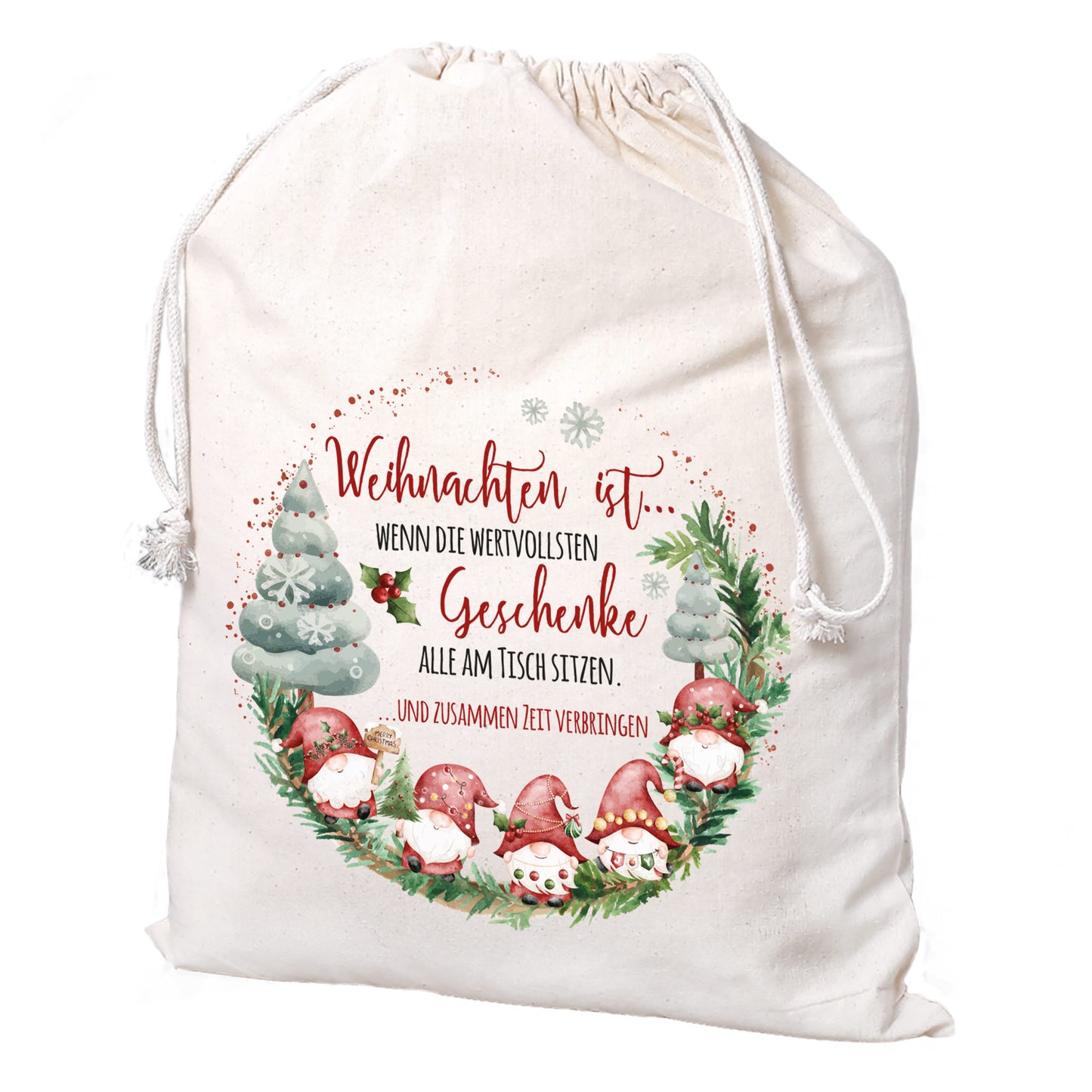 Großer Stoffsack zu Weihnachten, Motiv mit Tannenbaum und Wichteln