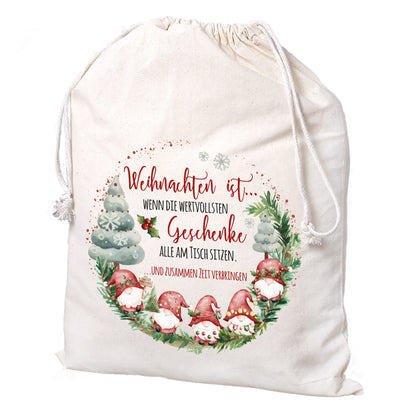 Großer Stoffsack zu Weihnachten, Motiv mit Tannenbaum und Wichteln
