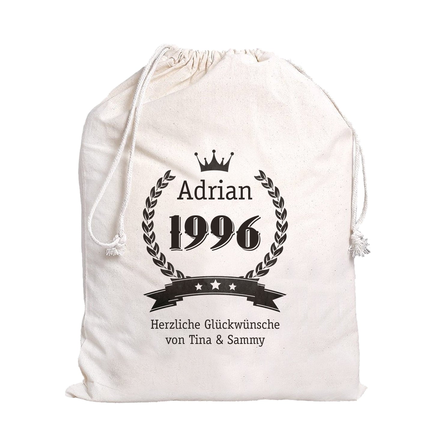 Geschenksack mit Name Adrian und Jahr 1996 sowie individuellem Wunschtext auf Baumwollbeutel