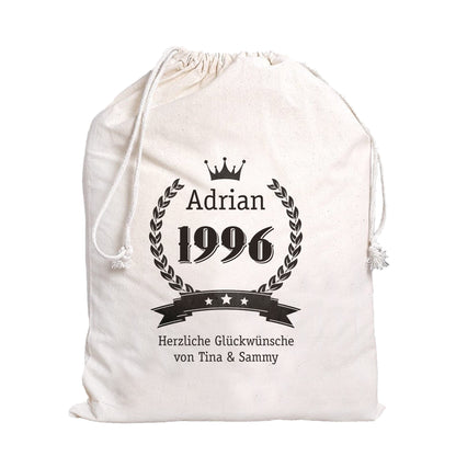 Geschenksack mit Name Adrian und Jahr 1996 sowie individuellem Wunschtext auf Baumwollbeutel