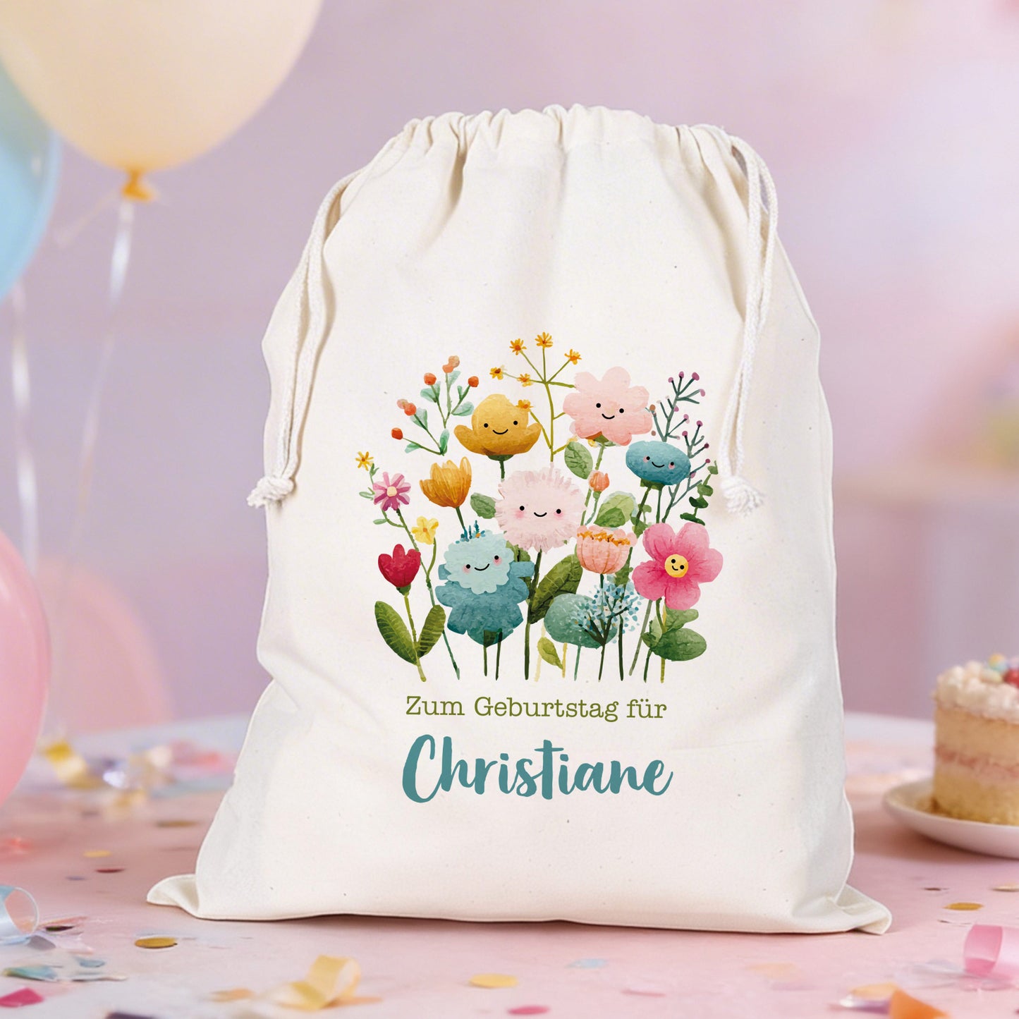 Großer Geschenksack mit Blumenmotiv und personalisiertem Text „Zum Geburtstag für Christiane“
