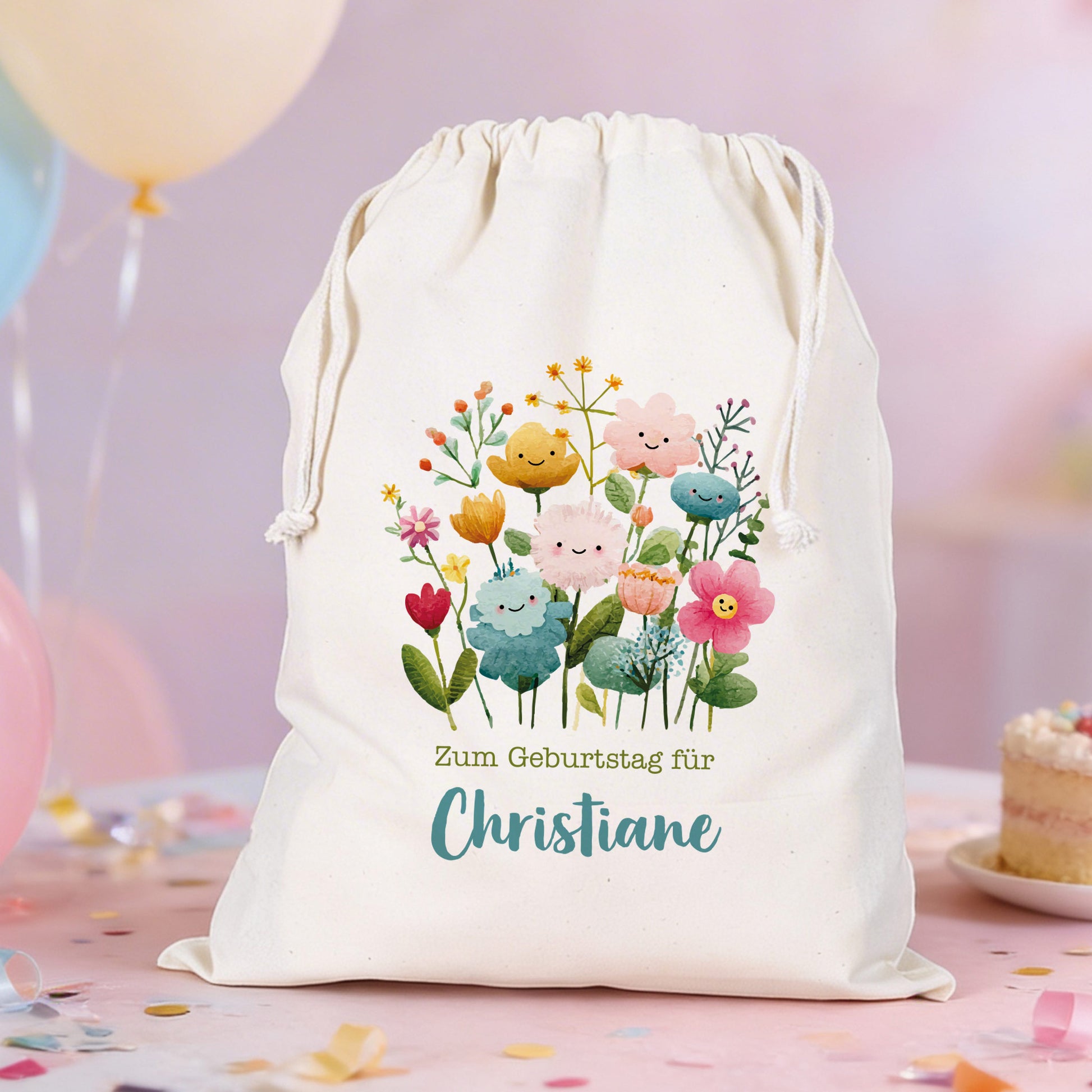 Großer Geschenksack mit Blumenmotiv und personalisiertem Text „Zum Geburtstag für Christiane“