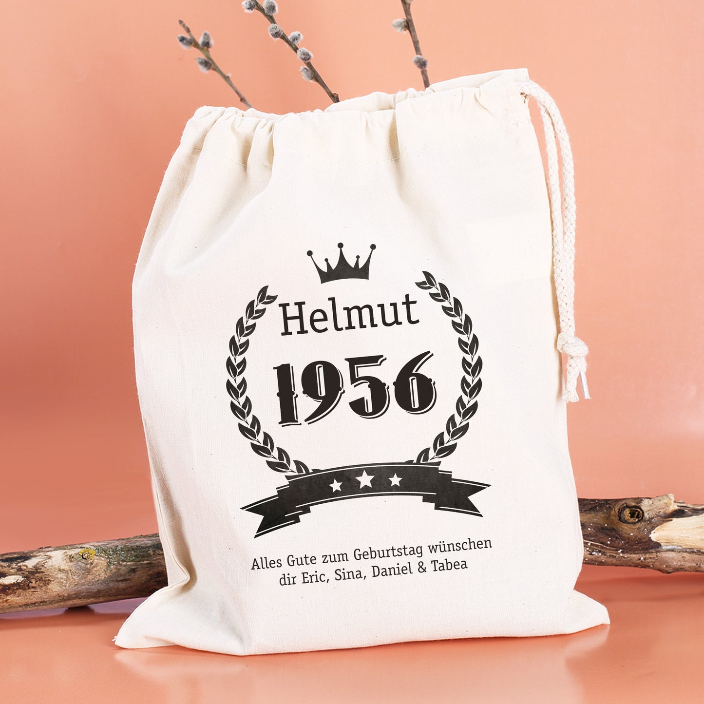 Personalisierter Stoffbeutel Größe M mit Name Helmut und Jahr 1956 als Geburtstagsgeschenk