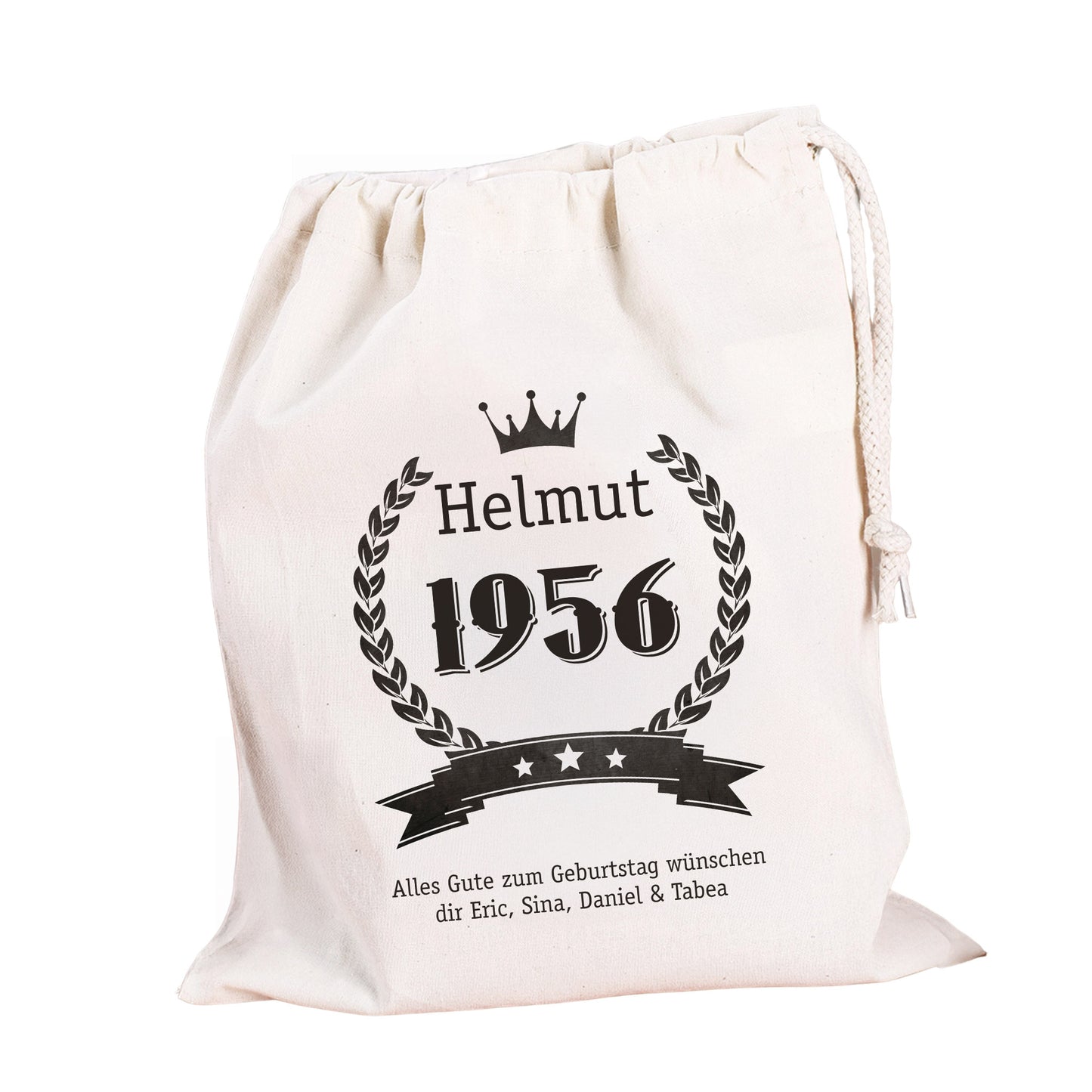 Geschenksack mittlere Größe mit Name Helmut und Jahr 1956 freigestellt auf weißem Hintergrund