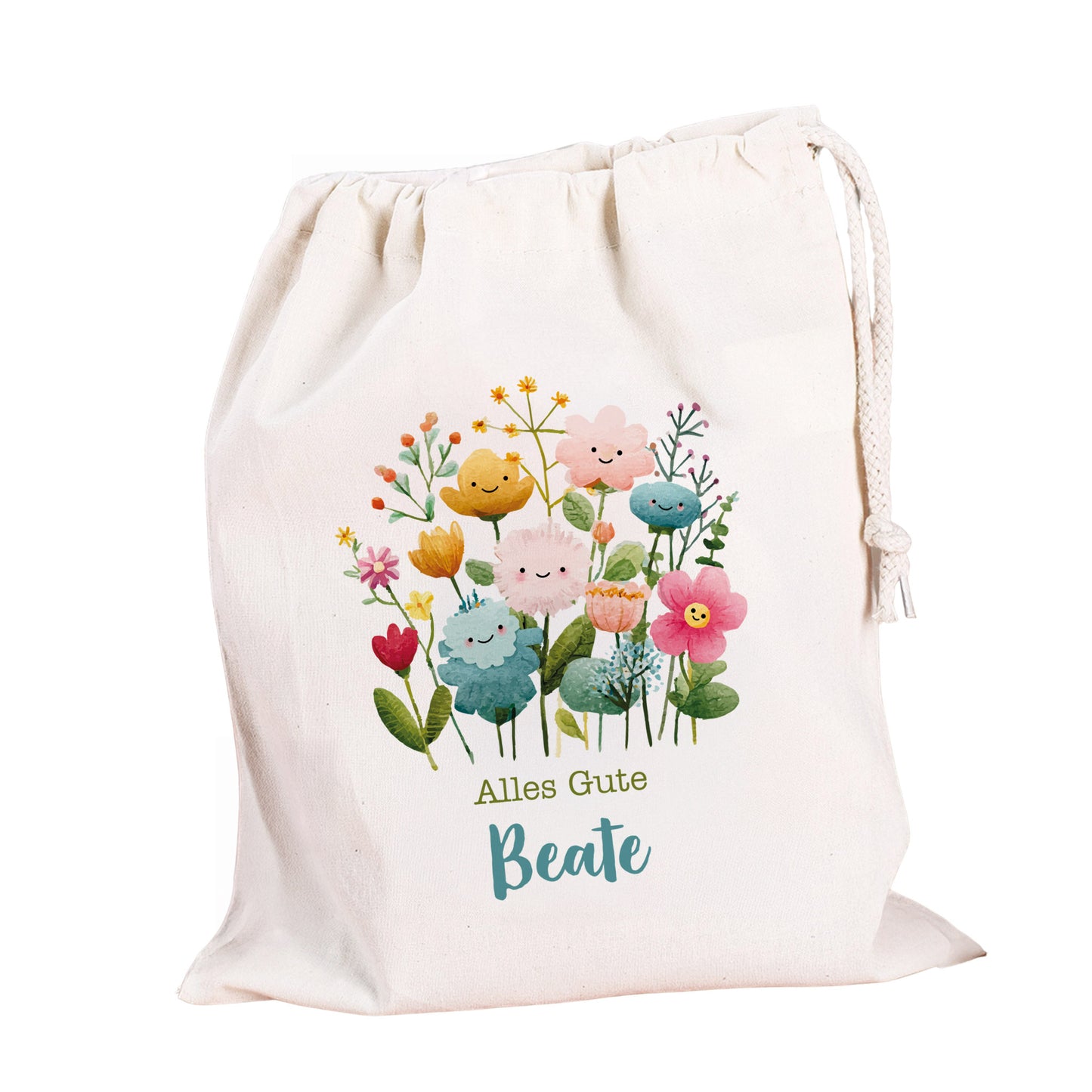 Personalisierter Geschenksack Größe M mit Blumenmotiv und Aufdruck „Alles Gute Beate“