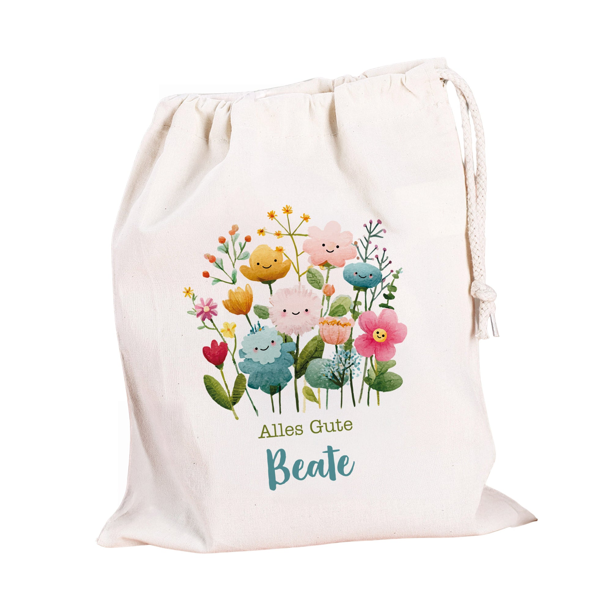 Personalisierter Geschenksack Größe M mit Blumenmotiv und Aufdruck „Alles Gute Beate“