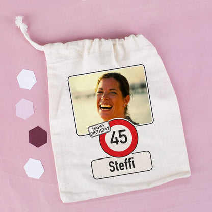 Kleiner Geschenksack zum Geburtstag mit Foto, Alter & Name