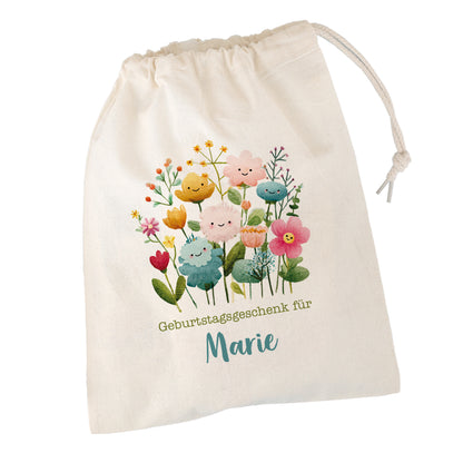 Kleiner Geschenksack Größe S mit Blumenmotiv und individuellem Namen