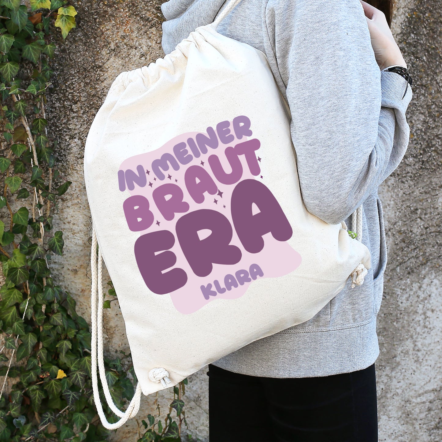 JGA Baumwoll-Rucksack mit Wunschname für die Braut-to-be | Schwarz & Natur