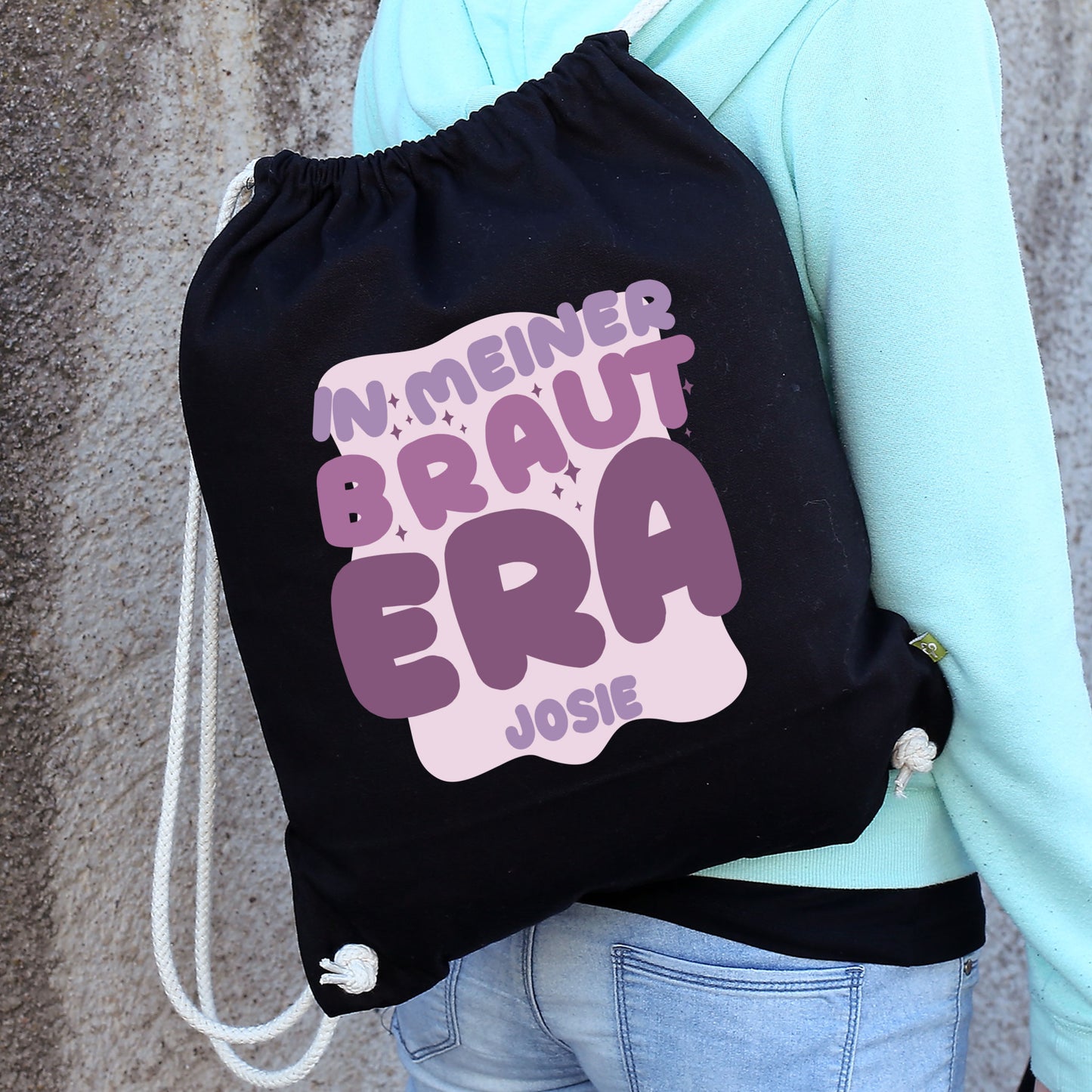 JGA Baumwoll-Rucksack mit Wunschname für die Braut-to-be | Schwarz & Natur