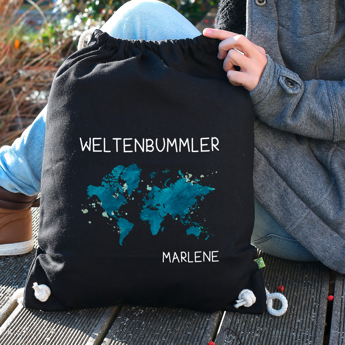 Weltenbummler Rucksack mit Weltkarte und Name