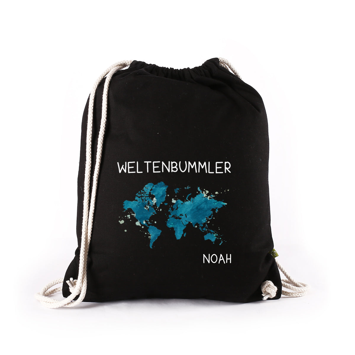 Weltenbummler Rucksack schwarz mit Weltkarte und Name - Baumwoll-Turnbeutel