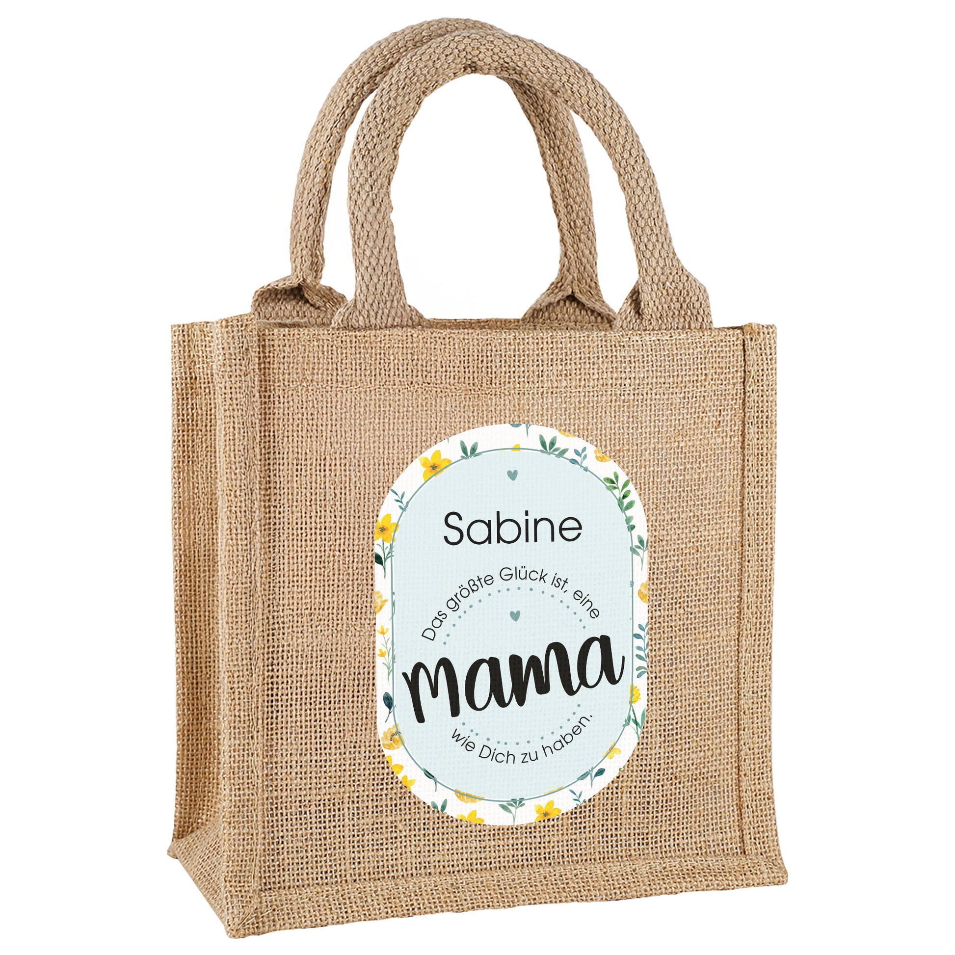 Personalisierbare Jute-Geschenktasche für Mama freigestellt auf weißem Hintergrund