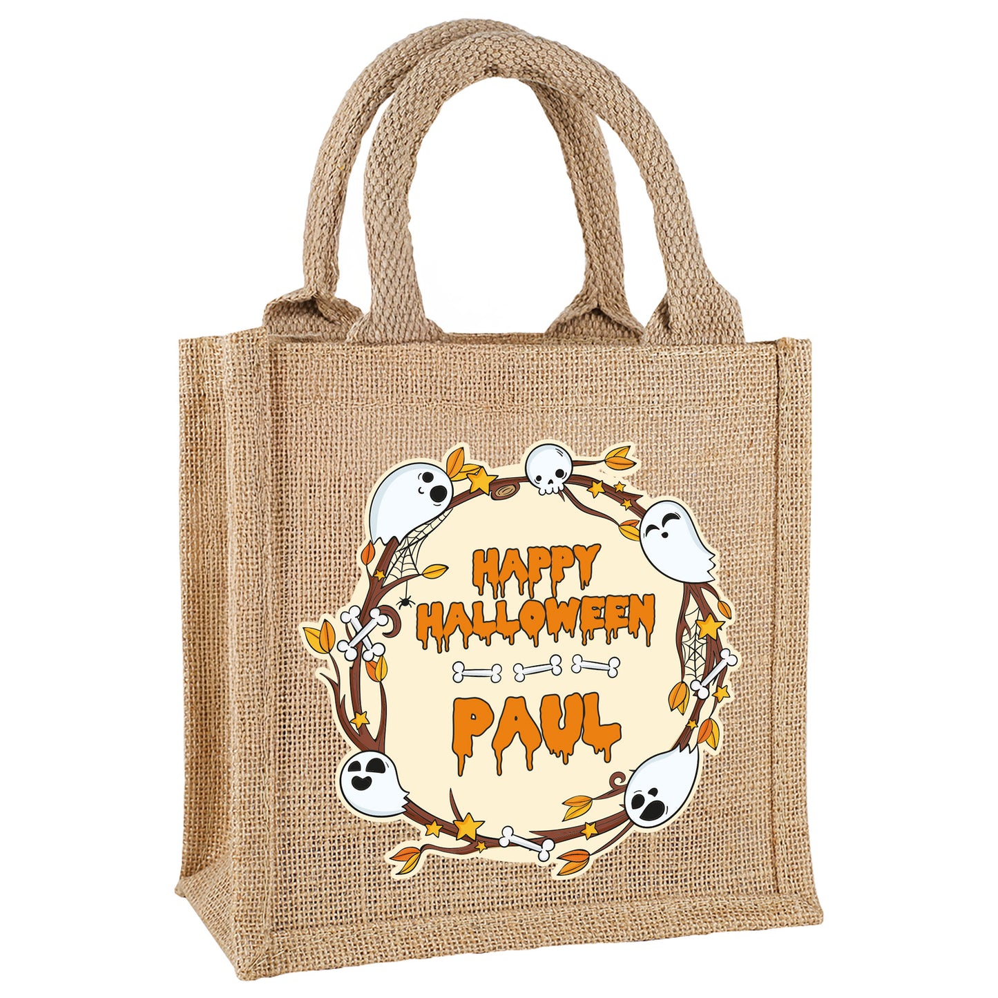 Personalisierte Jutetüte zu Halloween mit Geistern, Totenköpfen und Knochen, freigestellt