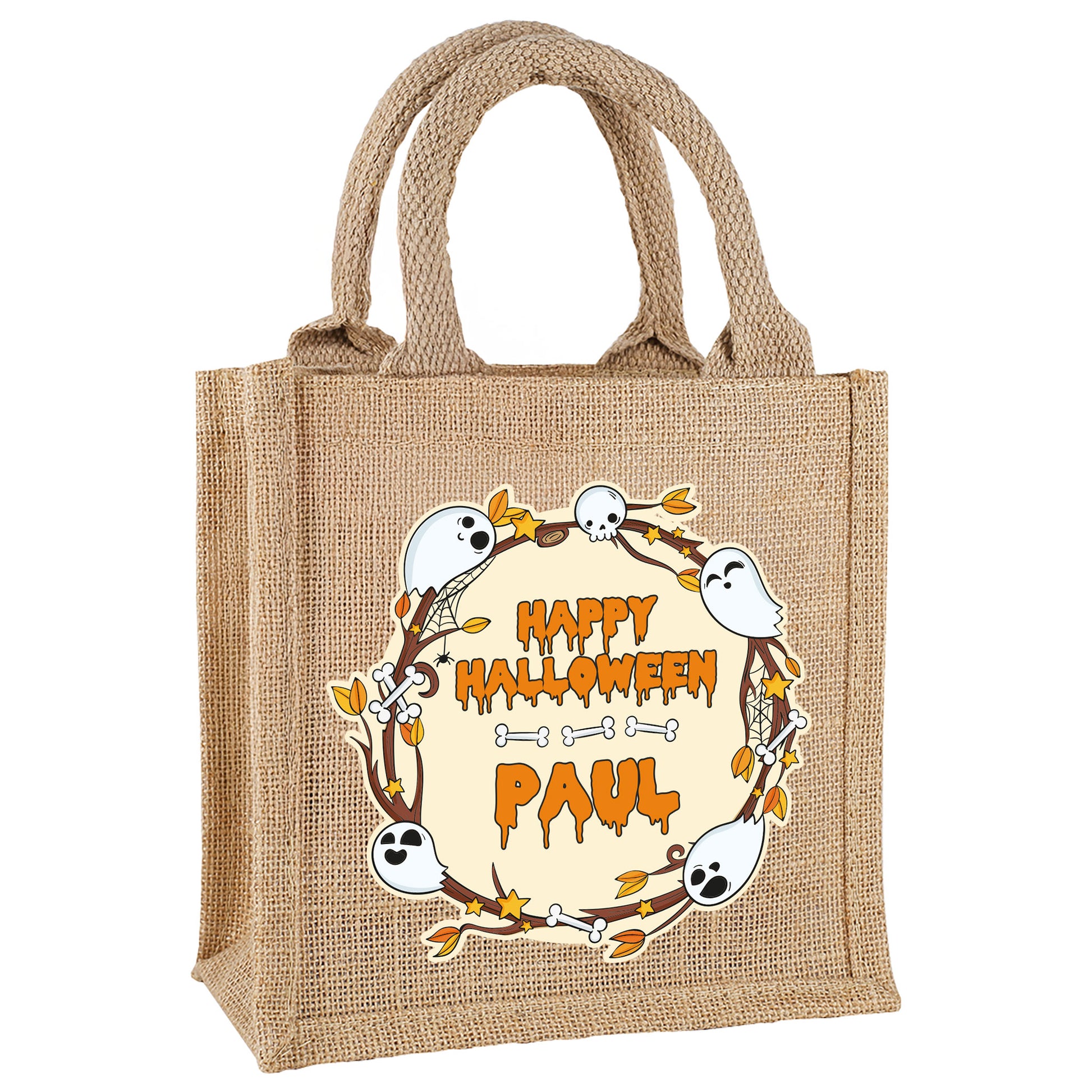 Personalisierte Jutetüte zu Halloween mit Geistern, Totenköpfen und Knochen, freigestellt