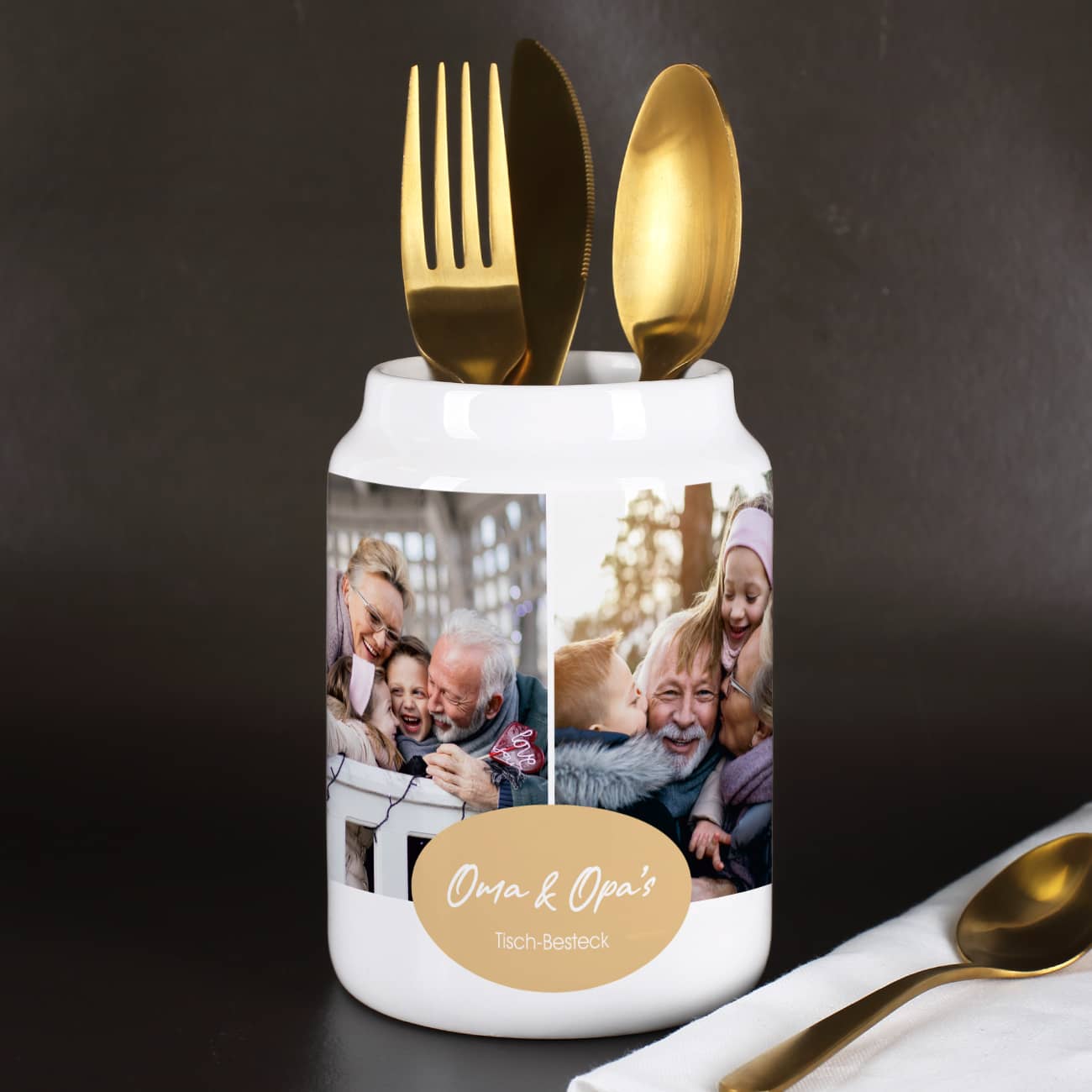 Keramik-Besteckhalter mit Ihren Wunschfotos und zwei Textzeilen bedruckt