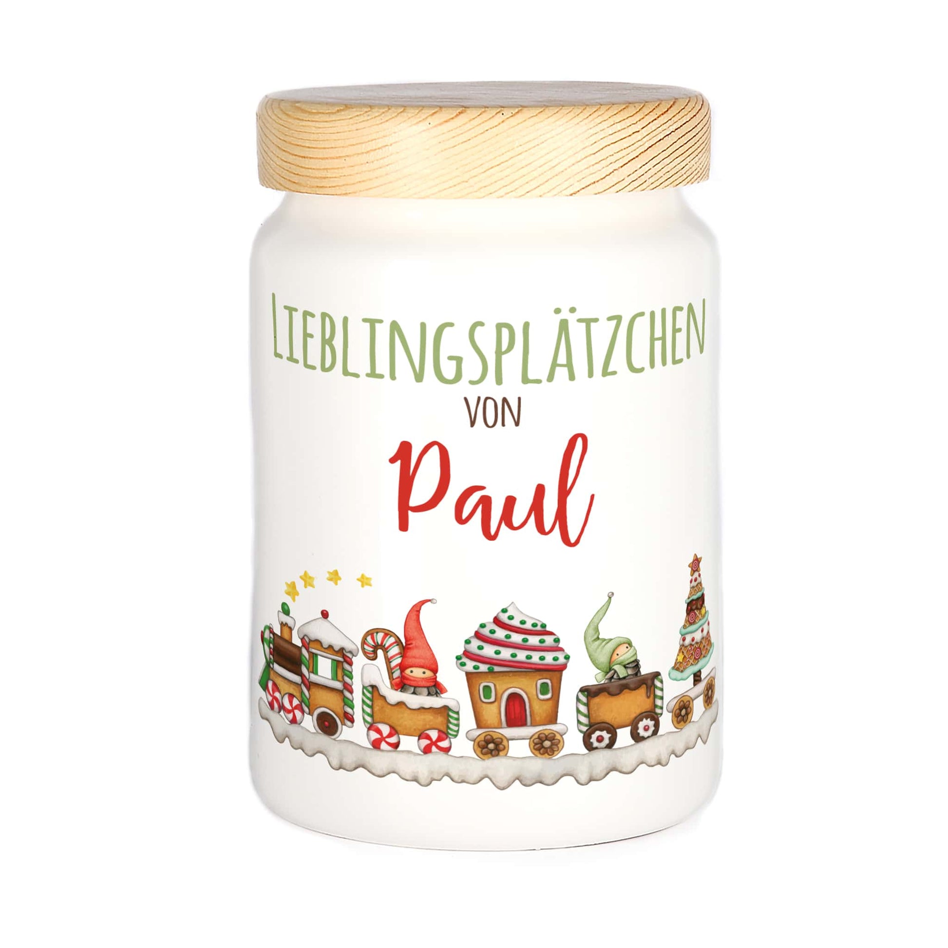 Weihnachtliche Plätzchendose mit kindlichem Wichtel Weihnachtszug Motiv und Name