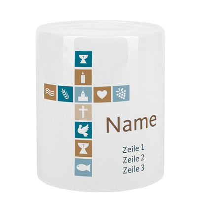 Spardose für Jungen zur Kommunion, Konfirmation oder Taufe mit Kreuz, Name und Wunschtext