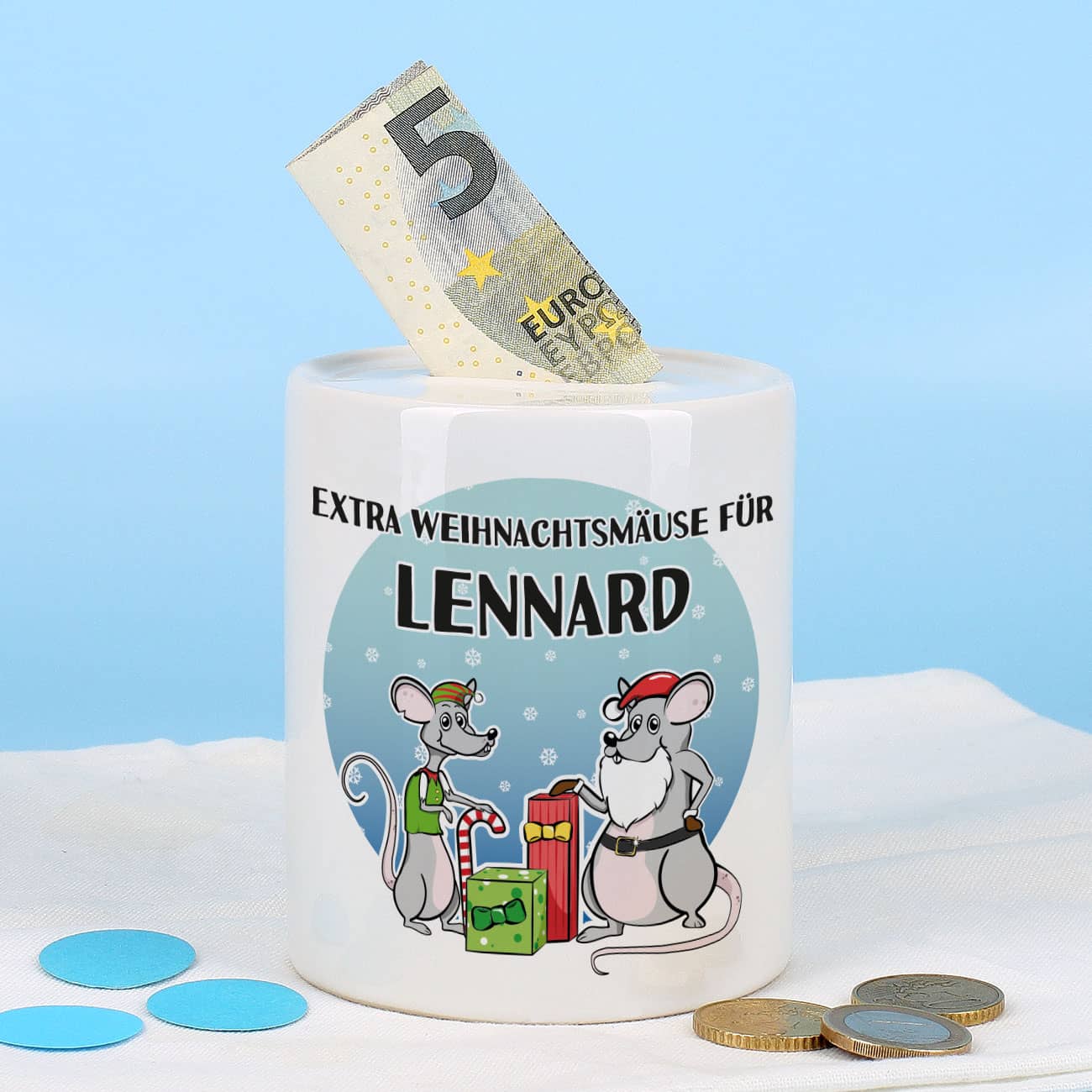 Keramikspardose "extra Weihnachtsmäuse" mit Ihrem Wunschnamen bedruckt