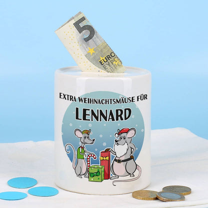 Keramikspardose "extra Weihnachtsmäuse" mit Ihrem Wunschnamen bedruckt